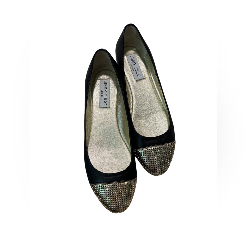 Jimmy Choo New Black With Gold Cap Toe Flats